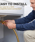 Heavy Hitter Gold Toilet Hose For Bathroom Fixtures With One Half Inch Angle Valve Connector Drip Free No Sweat Install Premium Stainless Steel Plumbing Supply 19 7 Inches Long installation with hex nuts under a bathroom sink.