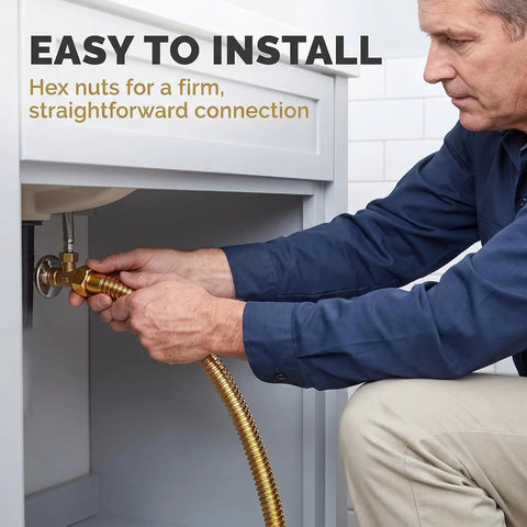 Heavy Hitter Gold Toilet Hose For Bathroom Fixtures With One Half Inch Angle Valve Connector Drip Free No Sweat Install Premium Stainless Steel Plumbing Supply 19 7 Inches Long installation with hex nuts under a bathroom sink.