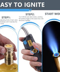 Map Gas Torch Kit With Holster, Adjustable Knob Trigger Start, And 4.9 Ft Hose demonstration showing ignition steps and blue flame.