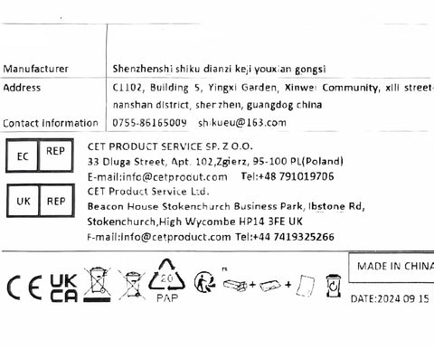 Product label with manufacturer Shenzhen details, contact info, certification icons, and UK, China addresses