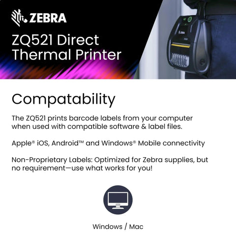 Wireless Mobile Direct Thermal Printer 4 Inch 203 DPI Handheld Label Maker Flat Out Fast No Ink Required showing connectivity details.