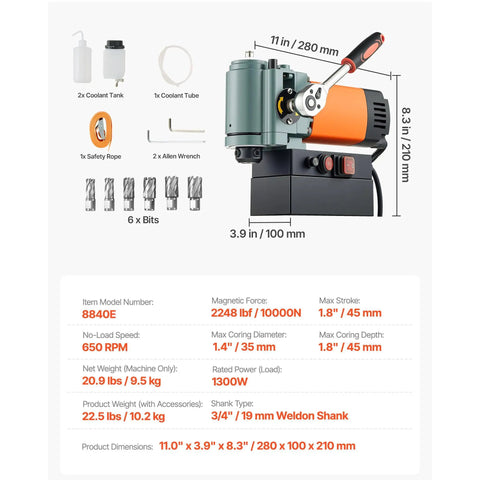Pro Level 1300W Magnetic Drill Press With 1.4 Inch Max Capacity And Rock Solid 2248 Lb Holding Power 650 Rpm features shown.