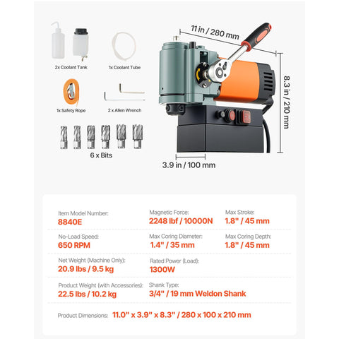 Built Tough As Nails Magnetic Drill Press 1300W 1.4 Inch Boring features 6 bits, 2248 lbs holding force, and dimensions 11 x 3.9 x 8.3 inches.