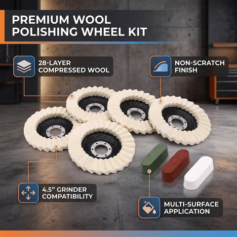 Yosoo Health Gear Pro Wool Polishing Wheel Kit With Angle Grinder And Three Color Compound Set For Metal Mirror Finish Buffing Tool. 4.5" wool pads and compounds.