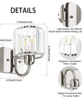 Three-Light Brushed Nickel Vanity Light Fixture For Bathroom Over Mirror With Crystal Accents, side view and details