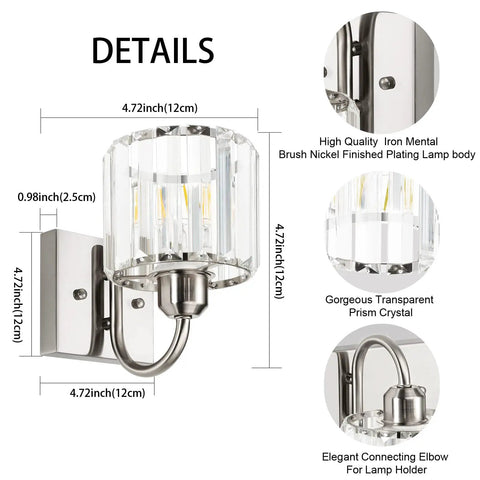 Three-Light Brushed Nickel Vanity Light Fixture For Bathroom Over Mirror With Crystal Accents, side view and details