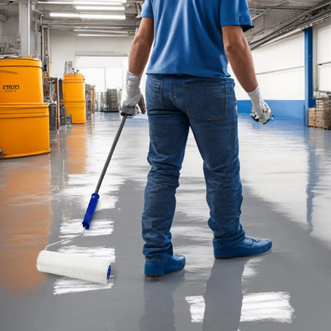 Person using 9 Inch Spiked Roller For Self Leveling Screeds And Epoxy Floors Pro Grade Bubble Removal Tool in a workshop.