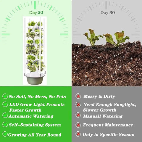 Comparison of Indoor 9 Layer Hydroponic Tower Garden Kit and traditional soil gardening after 30 days