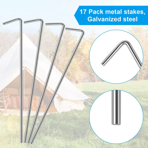 Beefy Heavy Duty Metal Tent Stakes Set 17 Pack For Outdoor Decorations, Gardening, Canopies, And Christmas Displays, Thick 4mm Pegs