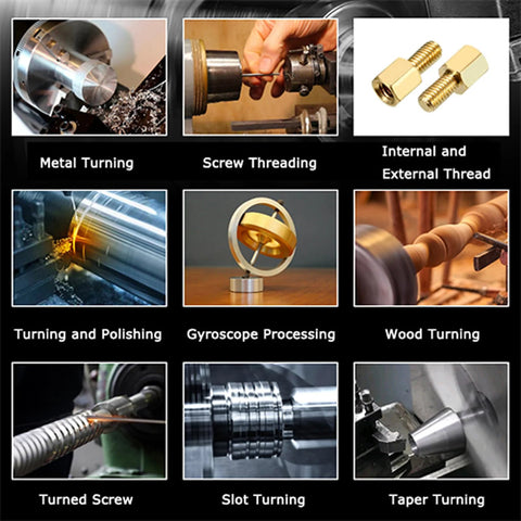 TechTONGDA metal lathe collage of nine operation images including turning, threading, wood turning.