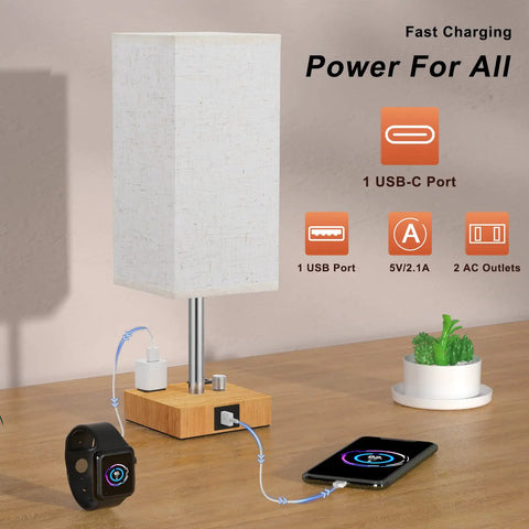 Fully Dimmable Touch Bedside Lamp With Solid Wood Base Included Bulb USB C And USB A Ports Dual AC Outlets Easy Dimmer And Eye Friendly Glow Nightstand Light For Bedroom Or Living Room Cozy Beige Finish