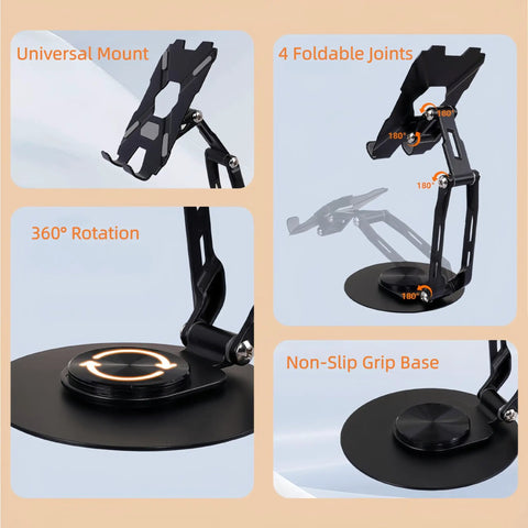 Built Different All Metal Cell Phone Stand 360 Degree Rotatable Height Adjustable with universal mount and non-slip grip base.