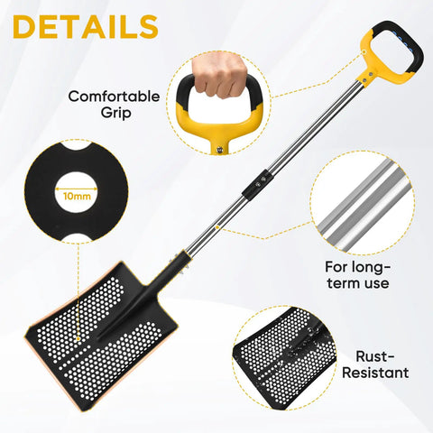 Long Lightweight Beach Sand Sifting Shovel With Ten Millimeter Holes, stainless handle, comfortable grip, rust-resistant head