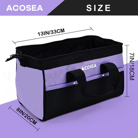 Purple Tool Bag With Wide Mouth Opening And 12 Storage Pockets, 13 Inch Tool Organizer showing size dimensions