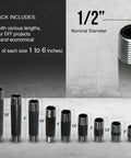1/2 Inch Black Pipe Fitting Set with 66-Piece DIY Industrial Gear Bundle, showcasing 1 to 6 inch steel nipples on display.