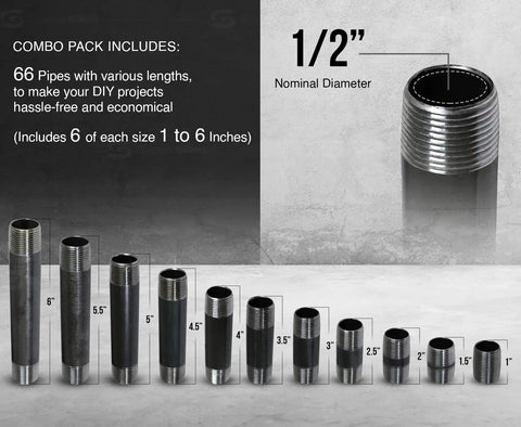 1/2 Inch Black Pipe Fitting Set with 66-Piece DIY Industrial Gear Bundle, showcasing 1 to 6 inch steel nipples on display.