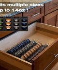 Open kitchen drawer with Your Go-To Coffee Capsule Drawer Organizer That Holds 36 Pods for Nespresso Vertuo Vertuoline Capsules