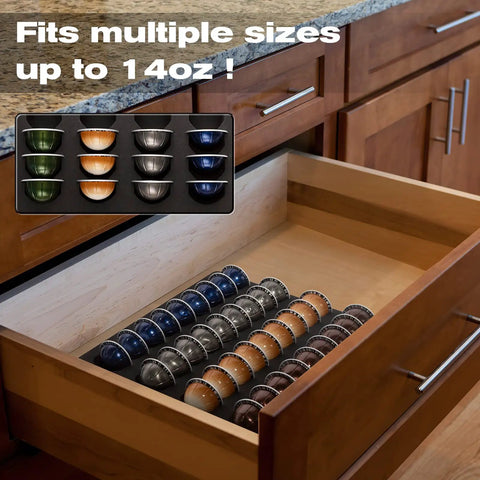 Open kitchen drawer with Your Go-To Coffee Capsule Drawer Organizer That Holds 36 Pods for Nespresso Vertuo Vertuoline Capsules
