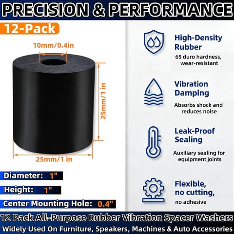 Heavy Duty Round Rubber Spacers And Bushings One Inch Thick Damping Pads for Shock Absorbing with 0.4 inch hole, 12-pack.