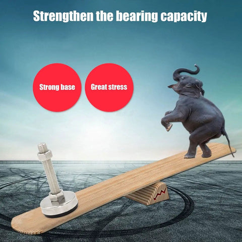 Badass Heavy Duty Furniture Leveling Feet Carbon Steel Adjustable Support Legs With Threaded Lifting Design For Uneven Ground Hella Stable No Fuss Quick Install Two Pack with strong base showing elephant balancing on wooden plank.