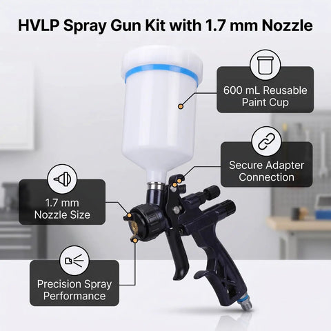 Heavy Duty Hvlp Paint Sprayer Kit Packing A Rock Solid 1.7Mm Tip And Roomy 600Ml Cup For Slick Auto And Furniture Refinishing That Flows Smooth As Silk And Delivers Straight Fire Quality - HVLP spray gun with 600ml cup and 1.7mm nozzle.