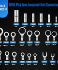 600 Piece Non Insulated Ring Terminal Kit And Butt Fork Connectors Set For AWG 22 To 10 Copper Wire array display