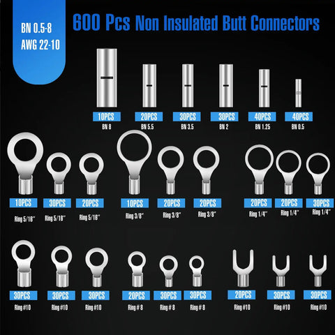 600 Piece Non Insulated Ring Terminal Kit And Butt Fork Connectors Set For AWG 22 To 10 Copper Wire array display