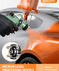 Pro Grade HVLP Auto Paint Spray Gun Knocking Out Slick Glass Finish With Precision Micron Atomization For Quick Garage Hot Rod Touch Ups featuring a detailed brass nozzle.
