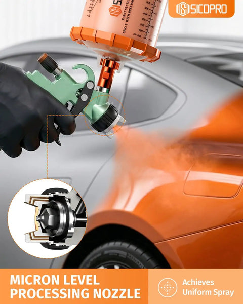 Pro Grade HVLP Auto Paint Spray Gun Knocking Out Slick Glass Finish With Precision Micron Atomization For Quick Garage Hot Rod Touch Ups featuring a detailed brass nozzle.