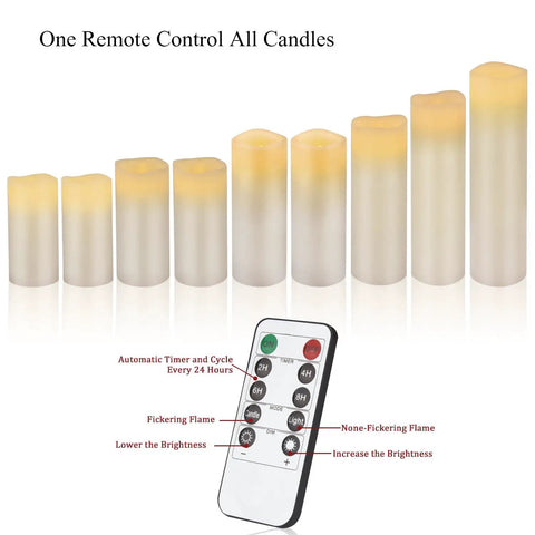 Ivory Flameless Wax Pillar Candles Set Of 9 LED Battery Operated Pillars Ranging 4 5 6 7 8 9 Inches With Remote And 24 Hour Cycling Timer