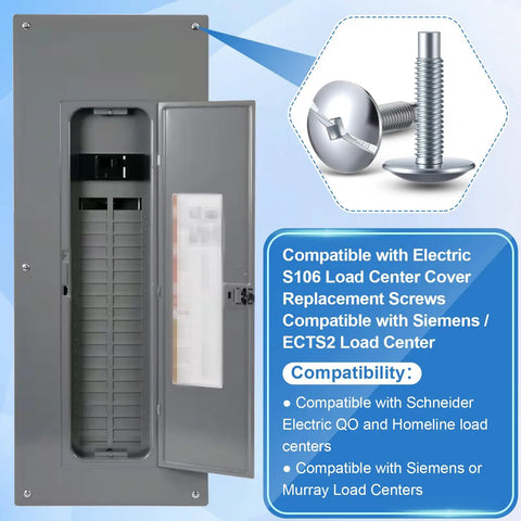 18 Pack Heavy Duty Silver Electrical Panel Screws For Square D Schneider Qo Homeline Siemens Murray Load Center Breaker Box Hardware with detailed view of screws and breaker box.