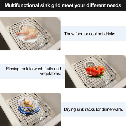 Two Pack 304 Stainless Steel Sink Grids For Rear Drain Sinks Built To Last Durable Kitchen Sink Protectors with food and dishes