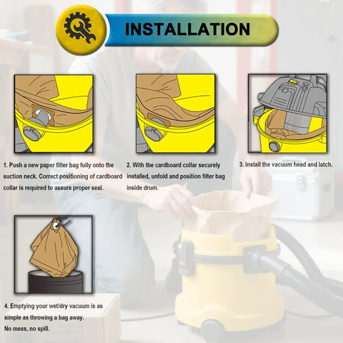 Installation steps for Disposable Filter Bags Six Pack For DeWalt Six To Ten Gallon Wet Dry Vacs DXVA19-4101 Compatible With DXV06P DXV09P And DXV10SA