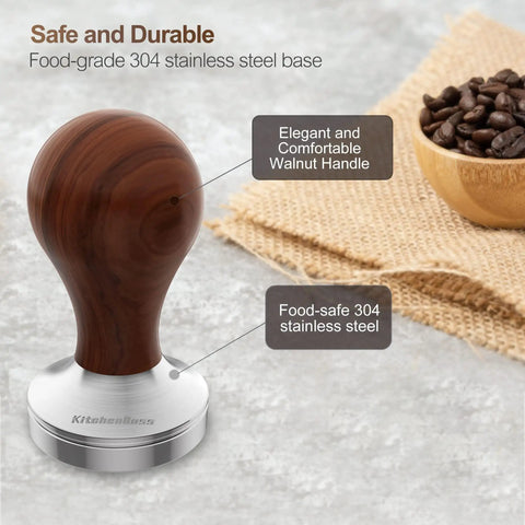 53mm Espresso Tamper With Walnut Handle and stainless steel base on textured surface