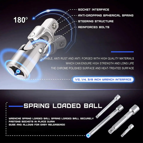 Close-up of a spring-loaded ball socket and wrench interface from 146 Piece Metric Home Tool Kit Set with Portable Toolbox for homeowners, DIYers, and handymen, auto repair essentials for quick fixes and daily projects.