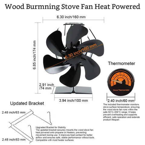 Heat Powered Wood Stove Fan With Bracket 6 Blade Thermoelectric Aluminum Fireplace Vent Silent Operation For Pellet Stoves Indoor Outdoor Black