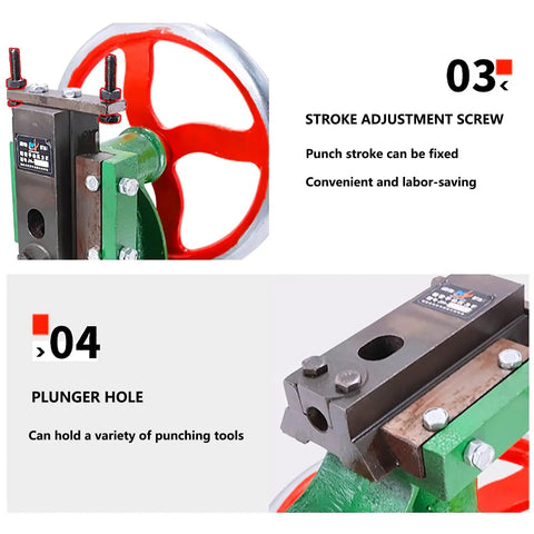 Heavy Duty Manual Benchtop Arbor Press With Giant Handwheel showing stroke adjustment screw and plunger hole for versatile use.
