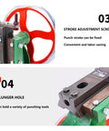 Detailed view of Heavy Duty Cast Iron Handwheel Arbor Press One Ton Tabletop with stroke adjustment screw and plunger hole.
