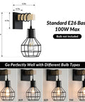 Dope Industrial Rustic Wall Sconces Set Of 2 With Hex Cage Shade, Wood Arm And Black Metal Mount Lamps for various bulb types.