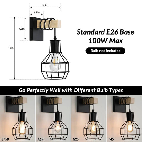 Dope Industrial Rustic Wall Sconces Set Of 2 With Hex Cage Shade, Wood Arm And Black Metal Mount Lamps for various bulb types.