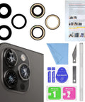 Back Camera Lens Glass Replacement Kit For iPhone 14 Pro Max 6.7 Inch with preinstalled adhesive, manual, and repair tools.