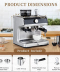 Straight Up Professional Espresso Machine With Built In Grinder And Pid Temp Control To Pour Legit Crema And Swift Shots Using 58Mm Portafilter Plus Hot Steam Wand For Silky Foam On Any Counter with product dimensions displayed.