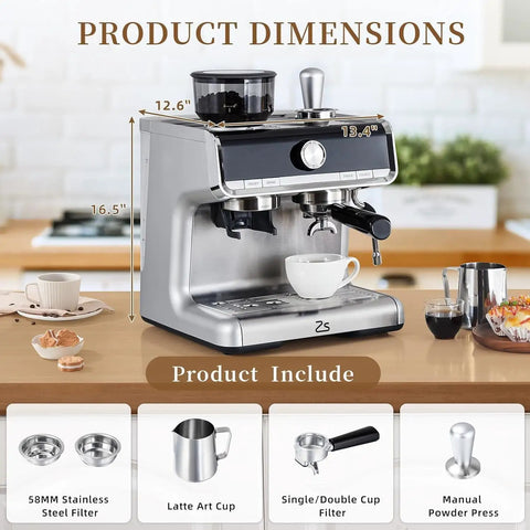 Straight Up Professional Espresso Machine With Built In Grinder And Pid Temp Control To Pour Legit Crema And Swift Shots Using 58Mm Portafilter Plus Hot Steam Wand For Silky Foam On Any Counter with product dimensions displayed.