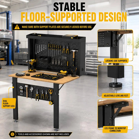 Wall Mounted Fold Down Workbench With Pegboard Organizer, Beefy Heavy Duty Garage Workstation With Storage Shelf and tool layout