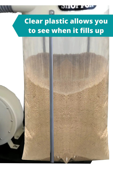 Heavy Duty Clear Dust Collector Bags for Shop Fox W1685 W1666 W1687, clear plastic bag filled with dust, attached to machine