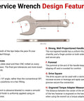 Diagram showing 30 mm Service Wrench With 15-Degree Angled Head And Drive Square, short handle and design features labeled