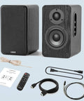 Powered Bookshelf Speakers With Wireless 100W RMS Bluetooth And EARC shown with remote, cables, and manual
