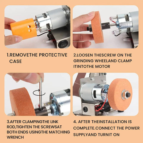 Installation steps for Badass Mini Belt Sander Bench Grinder with all copper motor and grinding wheel.