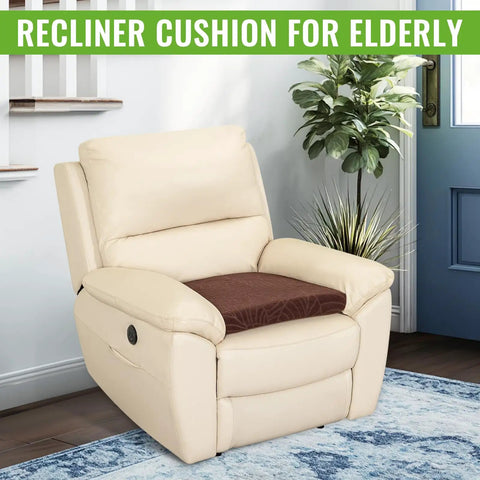 Comfy Long Sitting Recliner Cushion For Elderly Seniors 20x20x3 Inch Thick Foam Seat Pad on beige recliner, coffee color