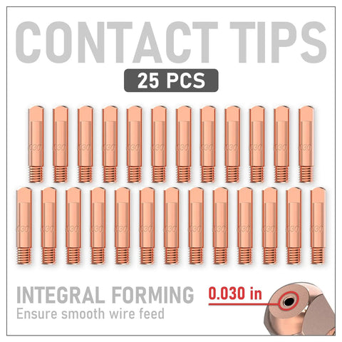 Super Hot MIG Welding Contact Tips 11-30 Size For.030 Wire, Premium 25 Pack arranged for easy access and use.